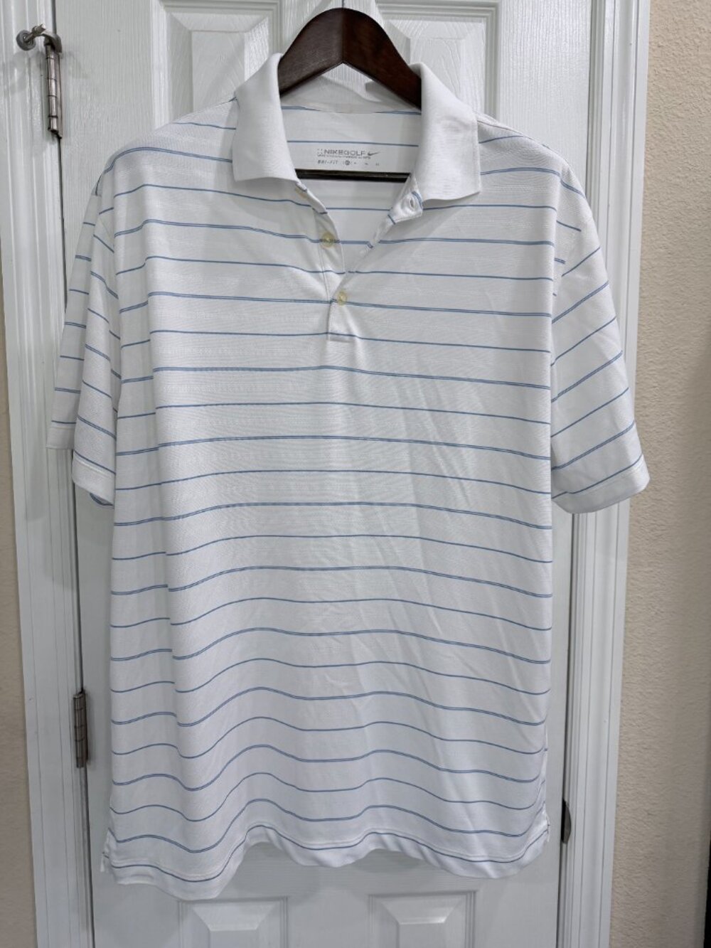 Nike Golf Dri-FIT Polo Shirt XL White Blue Striped Performance Golf Short Sleeve